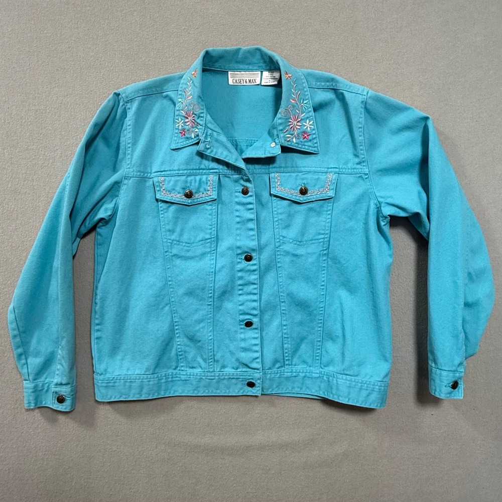 Casey &‎ Max Embroidered Floral Denim Blue Cotton Jacket Women Size Large